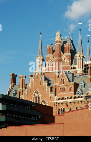 The top halves of St Pancras Railway Station and the British Library. Stock Photo