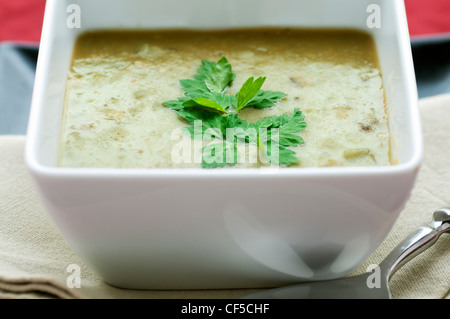 Square bowl of fresh split pea soup Stock Photo