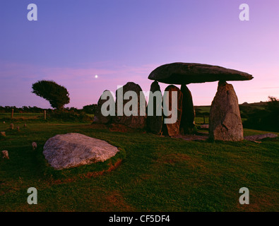 The capstone and uprights of the Pentre Ifan Burial Chamber and forecourt facade of a Neolithic chambered tomb. Stock Photo