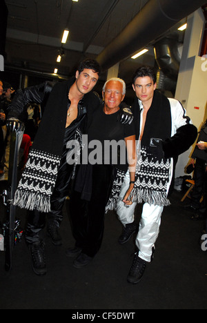 Emporio Armani Backstage Milan Menswear Autumn Winter with two male models Stock Photo