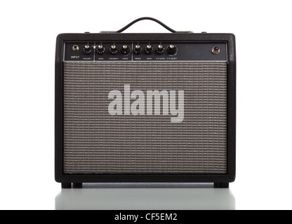 A guitar amplifier on a white background with various controls, and adjustment knobs Stock Photo