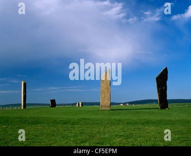 Stones of Stenness stone circle standing within a henge monument. Stock Photo