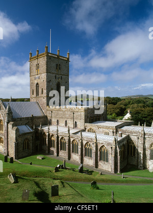 A general view of the exterior of St David's Cathedral looking NW towards the peak of Carn Llidi. Restored in 1863 by Sir G. G. Stock Photo