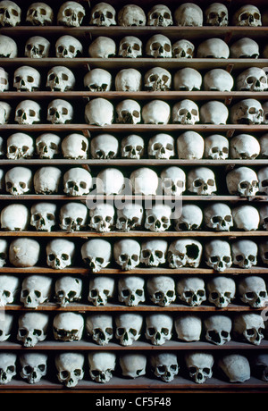 Part of the collection of some 2000 human skulls stacked in the ambulatory passage beneath the High Altar of St Leonard's church