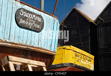 Signage on old fishing boats in Hastings. Stock Photo