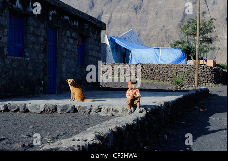 Child in Crater Cha das Caldeiras, Fogo Island, Cape Verde Islands, Africa Stock Photo