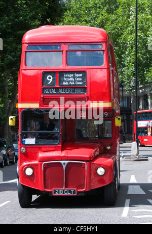The front of a traditional red double decker bus in London. Stock Photo