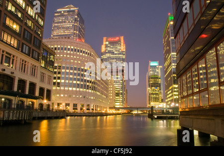 Sunset at Canary Wharf the financial district of London. Stock Photo