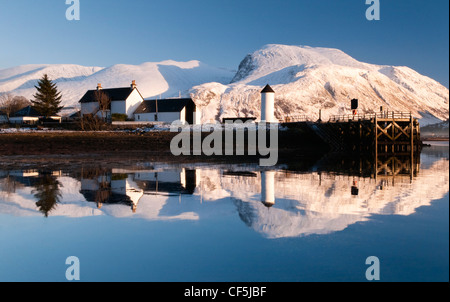 Corpach Lighthouse on Loch Eil with Ben Nevis and Fort William in the background. Stock Photo