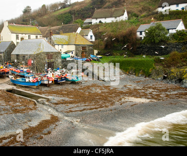 Fishing boats in the tiny fishing village of Cadgwith Cove on the eastern side of the Lizard Peninsula. Stock Photo