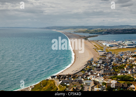 Aerial image of Chesil Beach Chesil Bank, 29 km long shingle beach, a  tombolo connecting mainland to the Isle of Portland, Jurassic Coast, UNESCO  Worl - SuperStock