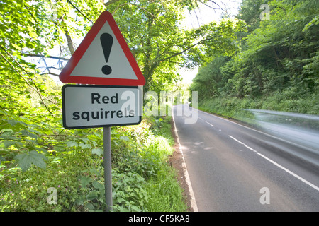 Red Squirrel sign on the A686 North of Penrith. The A686 is one of the top ten driving roads in the world. It was named as 'One Stock Photo