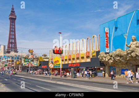 Amusements and tower on the seafront in Blackpool. Stock Photo