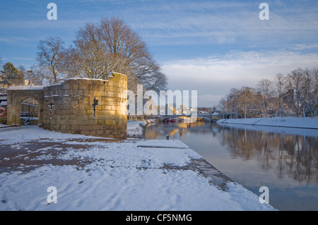 View from the Water Tower and Riverside Walk along the River Ouse towards Lendal Bridge in winter. Stock Photo