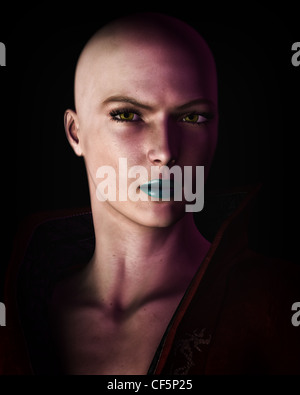 Digital illustration of a strong, futuristic sci-fi looking bald woman in heavy dark shadow. Stock Photo