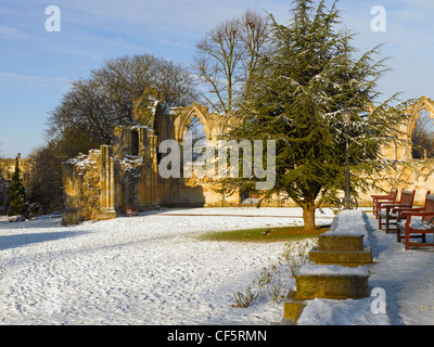 Ruins of St Mary's Abbey Church in the snow covered Yorkshire Museum Gardens. Stock Photo