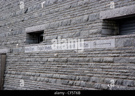 Directions to the summit of Mount Snowdon (1085m) in the wall of the new cafe and Visitors centre. Stock Photo