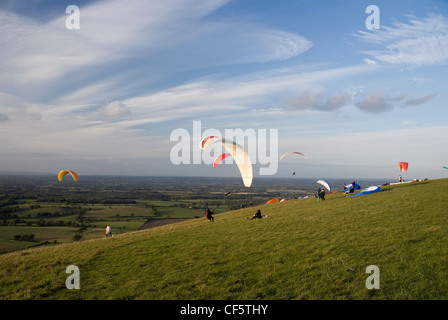 Paragliders struggling with the wind on Devil's Dyke. Stock Photo