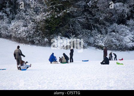 Family fun in the snow on Epsom Downs. Stock Photo