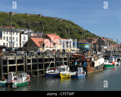 Fishing boats moored in Scarborough harbour. Stock Photo