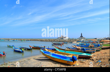 Indian, fishing, boats, blue, sea, catamaran, Cape Comorin, Kanyakumari, Tamil Nadu, India Stock Photo