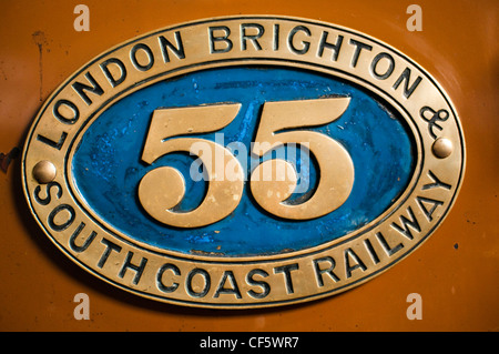 A close up of a 55 south coast railway sign from a train at Horsted Keynes Railway Station in East Sussex. Stock Photo