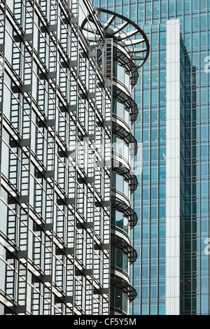 Bright, gleaming glass clad office buildings in Canary Wharf. Stock Photo