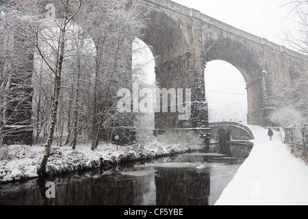 A woman walking along the towpath of the Huddersfield Narrow Canal beneath Saddleworth Viaduct in heavy snow. Stock Photo