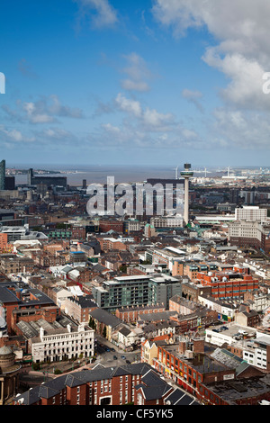 Aerial view over the city towards the Mersey Estuary, featuring the Radio City Tower (St. John's Beacon). Stock Photo