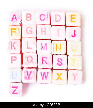 English alphabet on white colored cubes which are set in square Stock Photo