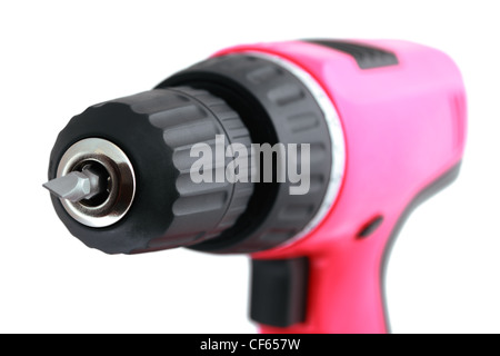 Close-up of screwdriver with silver drill, black body and big red handle Stock Photo