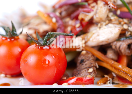 Tasty appetizer of roast beef meat, marinated chicken meat, cherry tomato and other vegetables Stock Photo