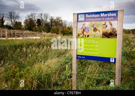 Exit sign at Rainham Marshes, medieval marshes acquired by the RSPB in 2000 to create an important place for nature and a great Stock Photo