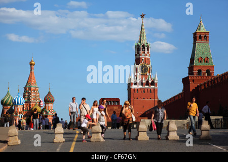 View of St. Basil the Blessed Cathedral and Kremlin's Spasskaya tower. Red Square, Moscow. Russia. Stock Photo