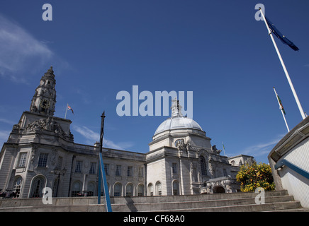 A view toward Cardiff City Hall. Built in the English Renaissance style, City Hall was opened in 1906, a year after Cardiff was Stock Photo