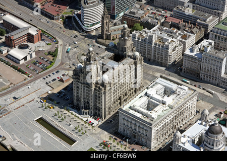 aerial view of Liverpool waterfront with Cunard Building and the taller Liver Building prominent Stock Photo