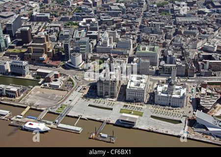 aerial view of Liverpool waterfront with Cunard Building and the taller Liver Building prominent Stock Photo