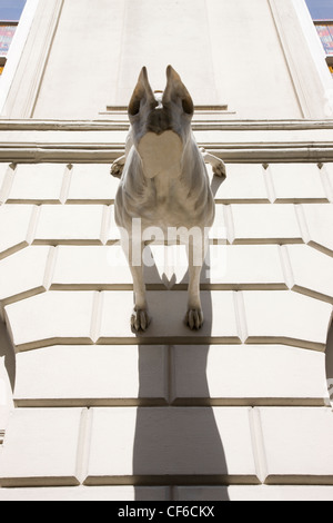 A sculpture of a faceless dog hanging from a building wall. Stock Photo