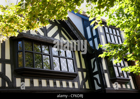 Black and white timber framed buildings in the historic market town of Shrewsbury. Stock Photo