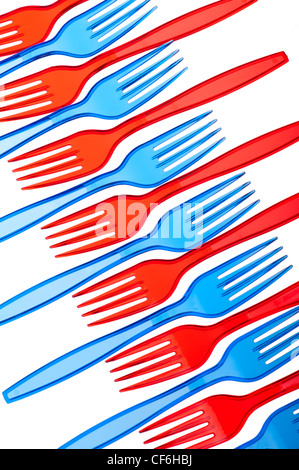 Disposable tableware. Set of colored plastic forks isolated on white background Stock Photo
