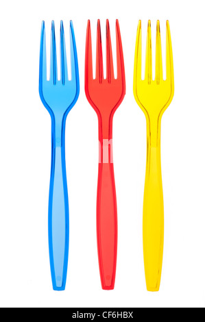 Disposable tableware. Set of three colored plastic forks isolated on white background Stock Photo