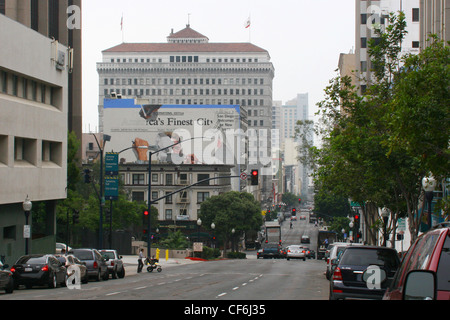 Images of San Diego, California.  Busy street, America's finest city mural on an office bui Stock Photo