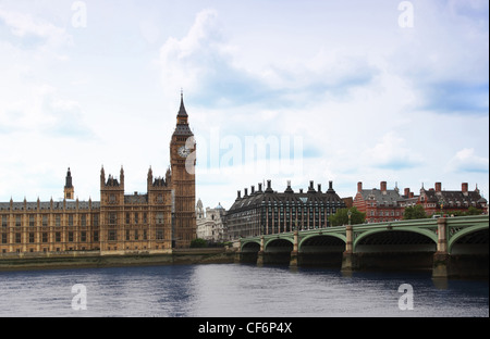 Westminster Bridge with Big Ben clock tower in London. Big Ben is one of London's best-known landmarks. Stock Photo