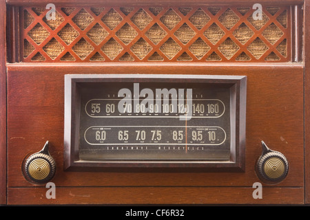 Close-up of old wooden antique radio. Stock Photo