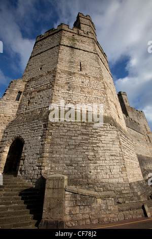 Town of Caernarfon, Wales. Close up low angled view of the historic Caernarfon Castle Eagle Tower. Stock Photo