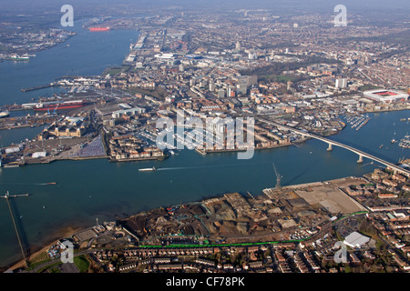 Aerial view of the Southampton city skyline form overhead Woolston, looking across the River Itchen / Solent Stock Photo