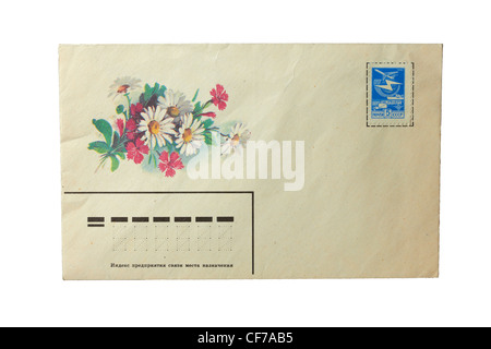 Old USSR postal envelope with postage stamp isolated on white background