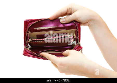 Female Caucasian hand with empty opened wallet isolated on white background Stock Photo