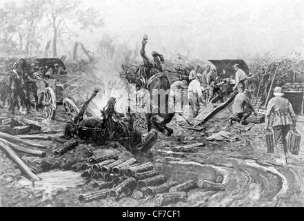 German battery as an explosion kills horses in foreground, soldiers continue to load shells into a cannon Stock Photo