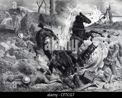 Bomb striking horses and soldiers during a battle in World War I. Stock Photo